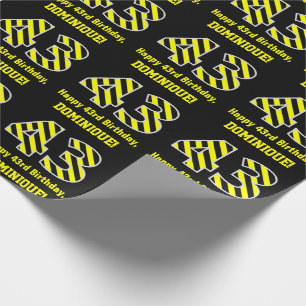 Papier Cadeau Noir & Jaune rayé "43"; 43e anniversaire + nom