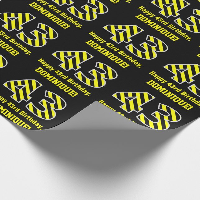 Papier Cadeau Noir & Jaune rayé "43"; 43e anniversaire + nom (Coin)