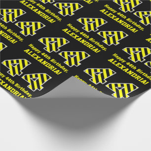Papier Cadeau Noir & Jaune rayé "44"; 44e anniversaire + nom