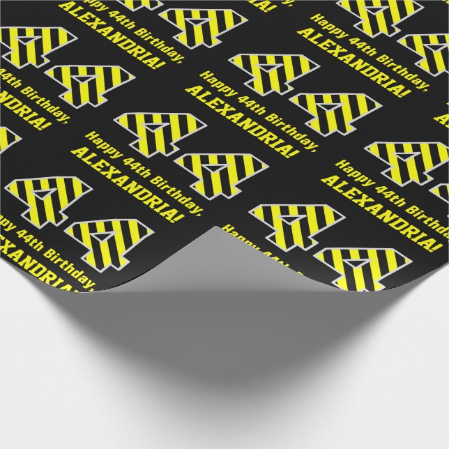 Papier Cadeau Noir & Jaune rayé "44"; 44e anniversaire + nom (Coin)