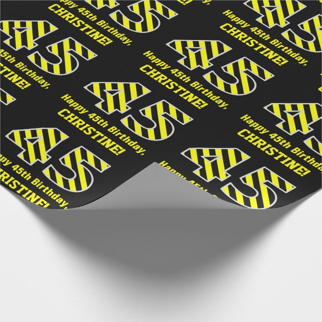 Papier Cadeau Noir & Jaune rayé "45"; 45e anniversaire + nom (Coin)