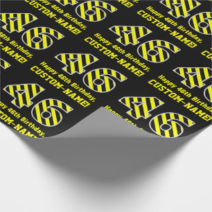 Papier Cadeau Noir & Jaune rayé "46"; 46e anniversaire + nom