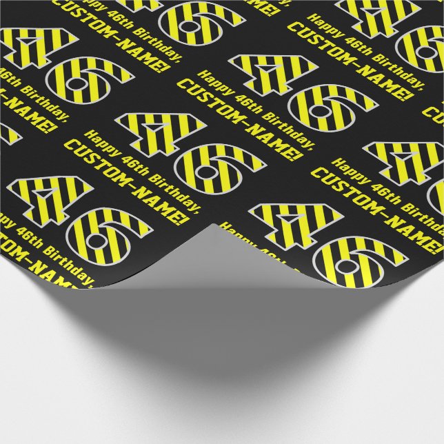 Papier Cadeau Noir & Jaune rayé "46"; 46e anniversaire + nom (Coin)
