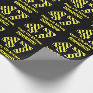 Papier Cadeau Noir & Jaune rayé "47"; 47e anniversaire + nom