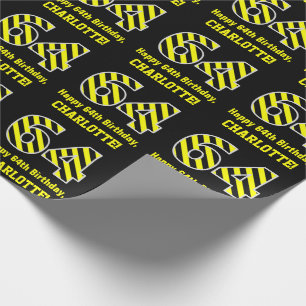 Papier Cadeau Noir & Jaune rayé "64"; 64e anniversaire + nom