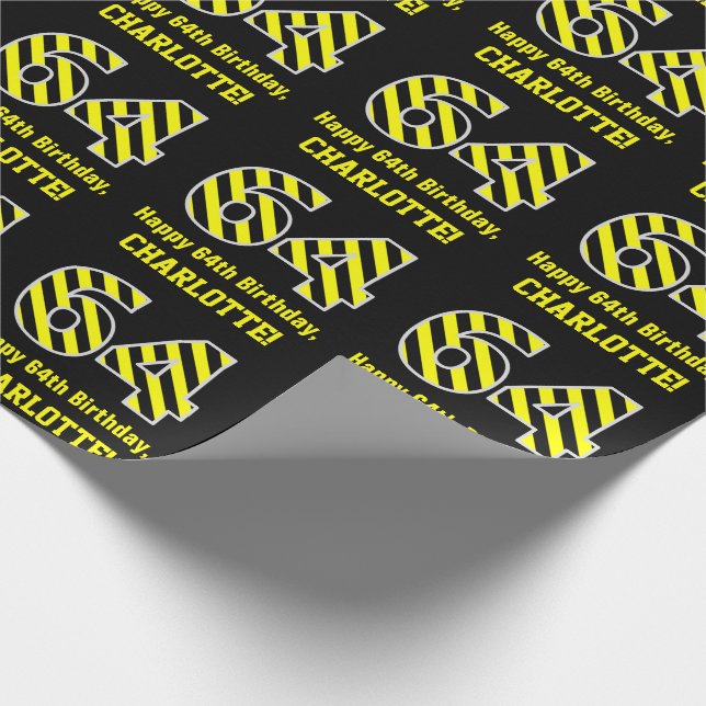 Papier Cadeau Noir & Jaune rayé "64"; 64e anniversaire + nom (Coin)