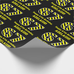 Papier Cadeau Noir & Jaune rayé "67"; 67e anniversaire + nom