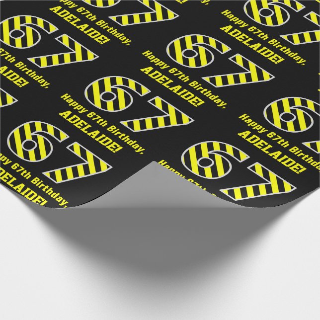 Papier Cadeau Noir & Jaune rayé "67"; 67e anniversaire + nom (Coin)