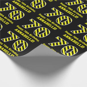 Papier Cadeau Noir & Jaune rayé "70"; 70e anniversaire + nom