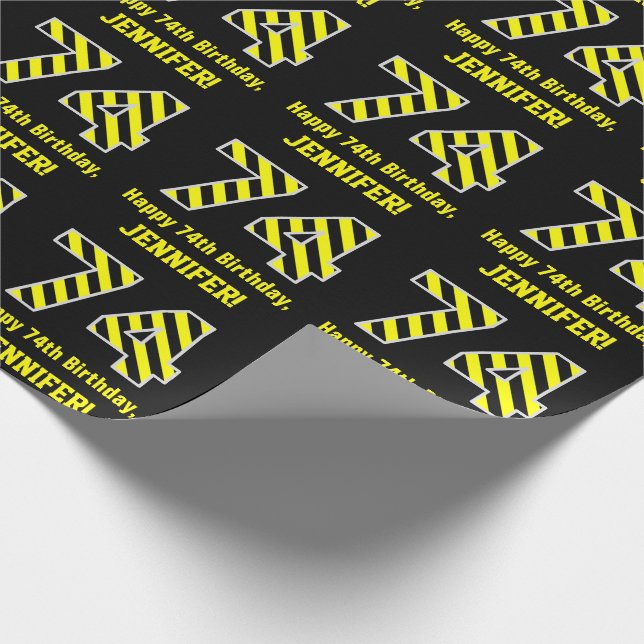 Papier Cadeau Noir & Jaune rayé "74"; 74e anniversaire + nom (Coin)