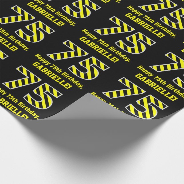 Papier Cadeau Noir & Jaune rayé "75"; 75e anniversaire + nom (Coin)