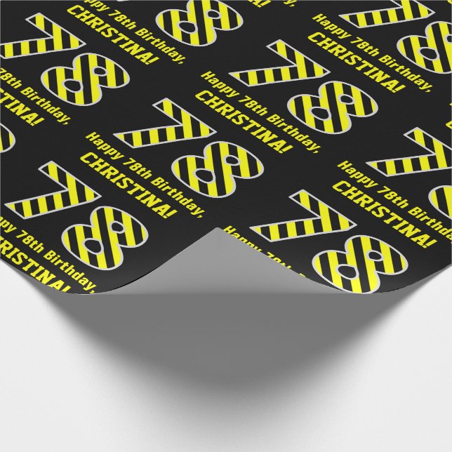 Papier Cadeau Noir & Jaune rayé "78"; 78e anniversaire + nom (Coin)