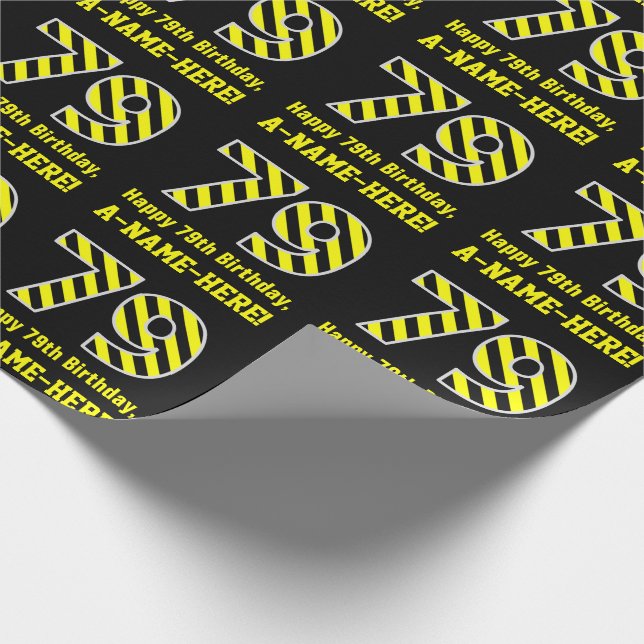 Papier Cadeau Noir & Jaune rayé "79"; 79e anniversaire + nom (Coin)