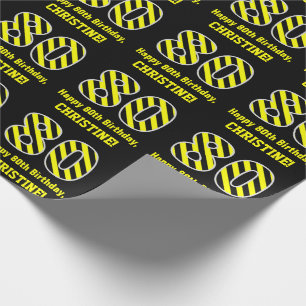 Papier Cadeau Noir & Jaune rayé "80"; 80e anniversaire + nom