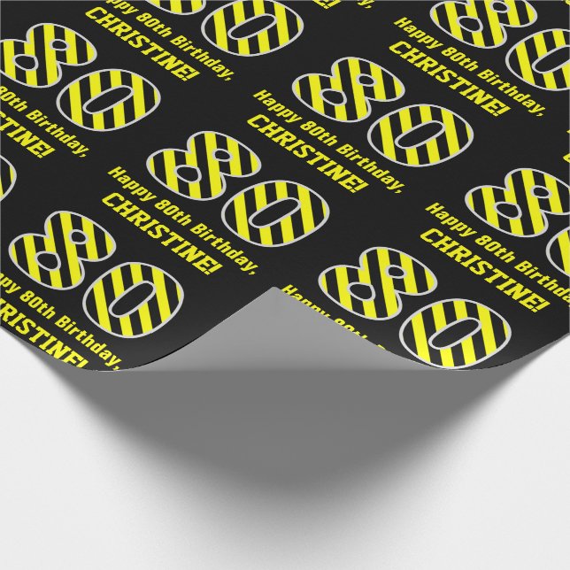 Papier Cadeau Noir & Jaune rayé "80"; 80e anniversaire + nom (Coin)