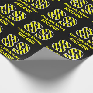 Papier Cadeau Noir & Jaune rayé "89"; 89e anniversaire + nom