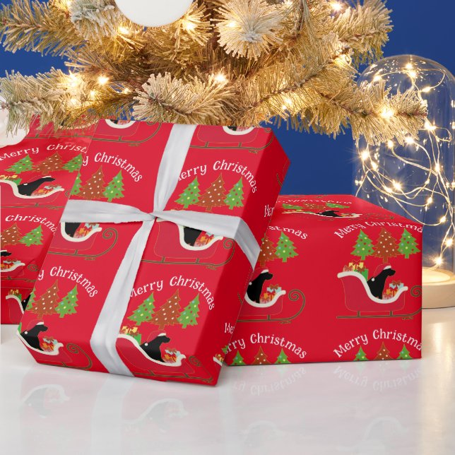 Papier Cadeau Noir Labrador Silhouette de Noël Rouge (Vacances)