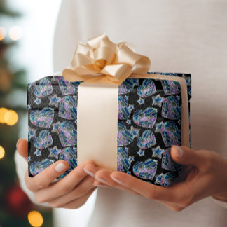 Papier Cadeau Noir Lumière Neon Lumineuse Noël Coeurs et étoiles