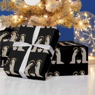 Papier Cadeau Noir moderne et doré crèche Noël