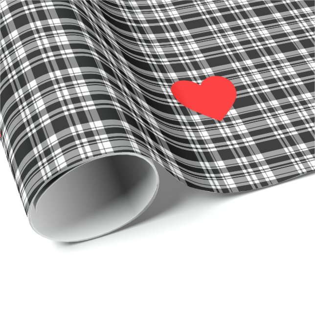 Papier Cadeau Noir N' Plaque de tartan blanc avec détail de coeu (Coin rond)