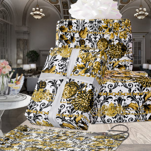 Papier Cadeau Noir Or Acanthus Chaînes Feuille Or Floral Blanc