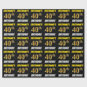 Papier Cadeau Noir, Or Faux/Imitation, "40e ANNIVERSAIRE"