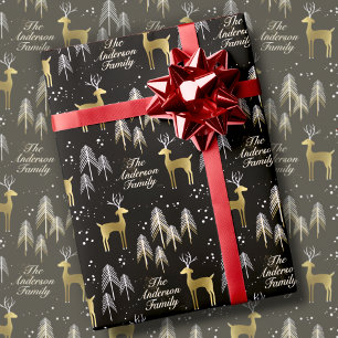 Papier Cadeau Noir & Or Reindeer de Noël Nom personnalisé