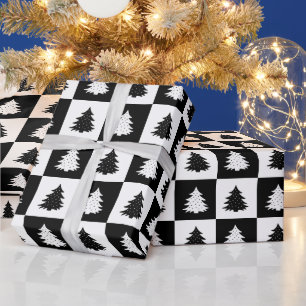 Papier Cadeau Noir Retro Arbre de Noël Tartan noir Plaid