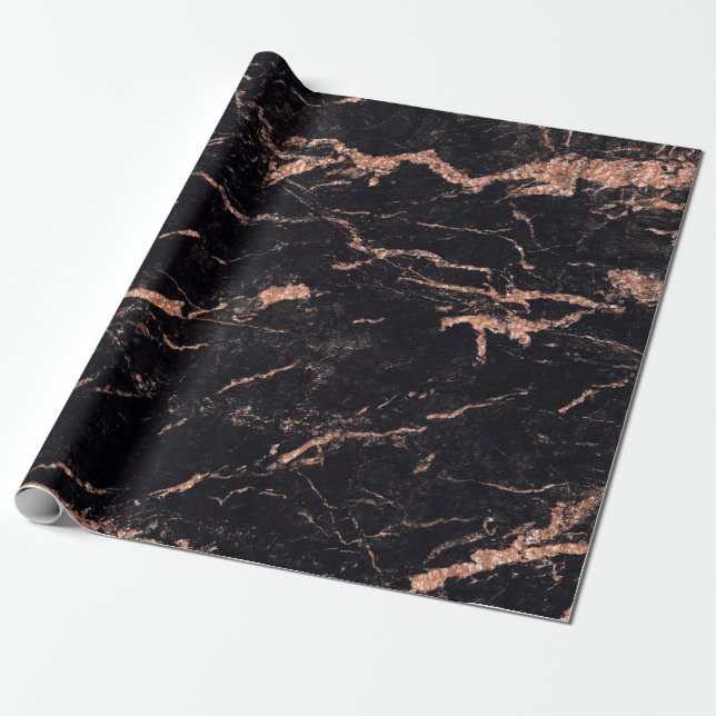 Papier Cadeau Noir rose rose rayures rousses Marbre Pierre Glam (Déroulé)