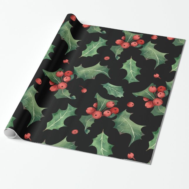 Papier Cadeau Noir rouge de Noël Mistletoe verte (Déroulé)
