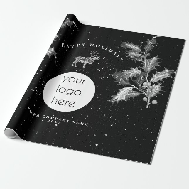 Papier Cadeau Noir Rustique Blanc Vacances Affaires Logo Noël (Déroulé)