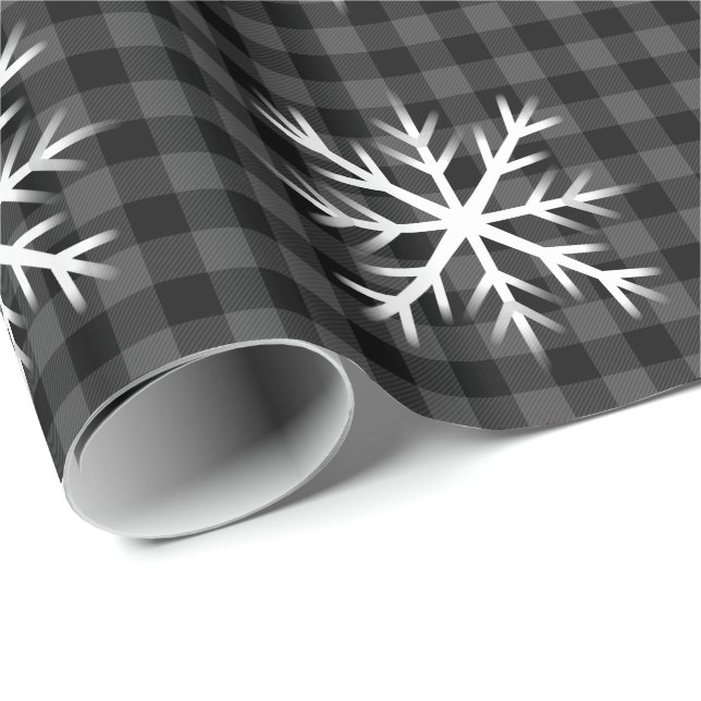 Papier Cadeau Noir rustique, gris Tartan plaid - flocon de neige (Coin rond)