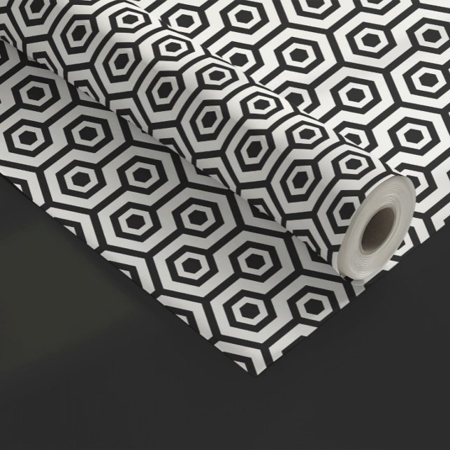 Papier Cadeau Noir sur le Motif géométrique octogone blanc (Créateur téléchargé)