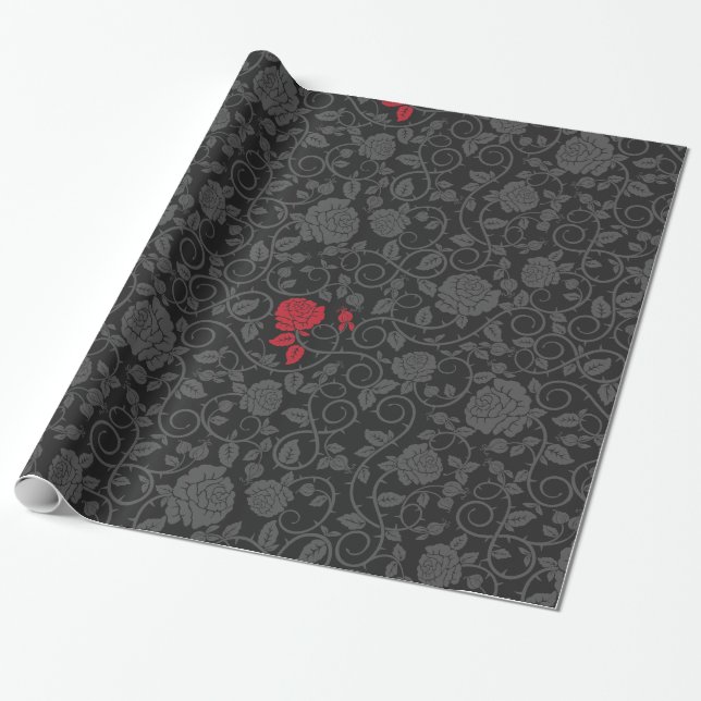 Papier Cadeau Noir sur Noir Rouge Rose moderne Damas Floral (Déroulé)