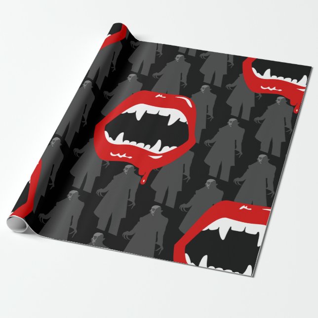 Papier Cadeau noir vampire fangs nosferatu noir éffrayant noir (Déroulé)