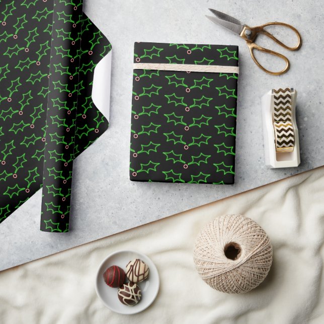 Papier Cadeau Noir vert moderne Noir rouge Noël noir Holly Motif (Artisanat)