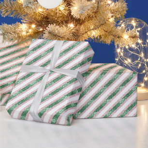 Papier Cadeau Noirceur Rose Vert Paillettes Rayures Noël