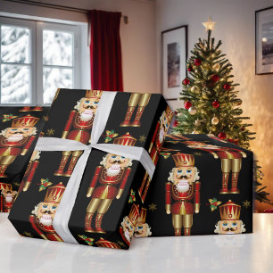 Papier Cadeau Noisette de Noël Rouge Or & Noir