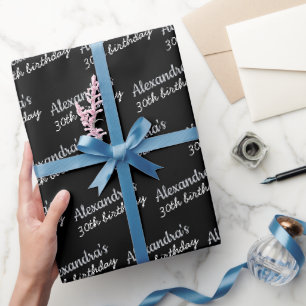 Papier Cadeau Nom Âge Chic Anniversaire Gris Noir