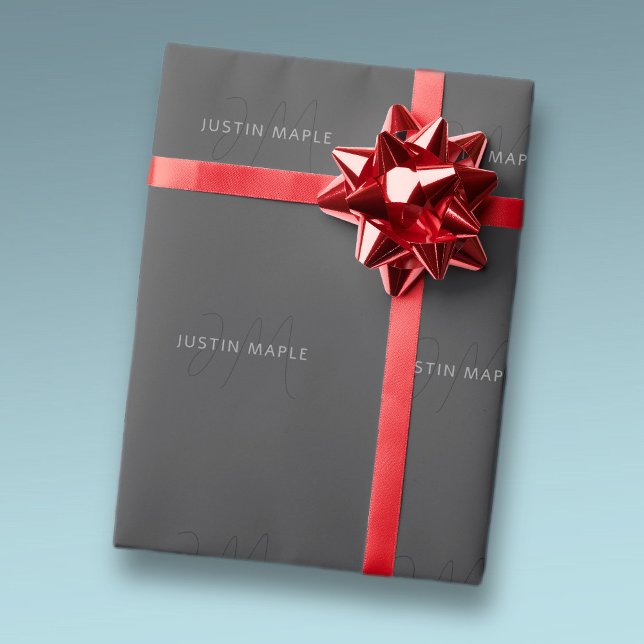 Papier Cadeau Nom au look cool & monogramme | Gris foncé (Créateur téléchargé)