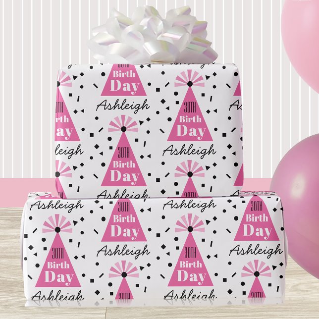 Papier Cadeau Nom Casquette du Parti rose 30e anniversaire (Créateur téléchargé)