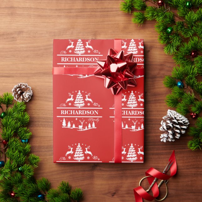 Papier Cadeau Nom de famille de Noël rouge | Nom personnalisé (Cadeau de vacances)