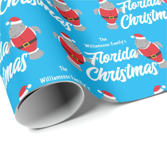 Papier Cadeau Nom de famille Florida Manatee Noël (Coin rond)