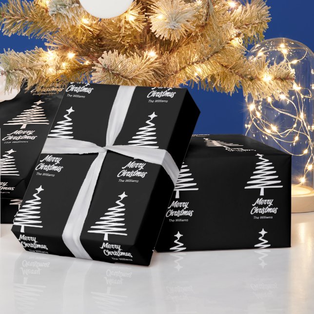 Papier Cadeau Nom de famille Joyeux Noël noir blanc (Vacances)