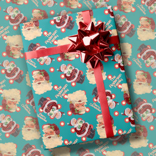 Papier Cadeau Nom de famille personnalisé Retro Santa Claus Noël