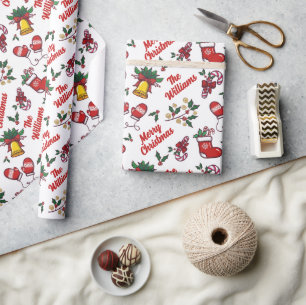 Papier Cadeau Nom de famille unique Noël rouge et vert