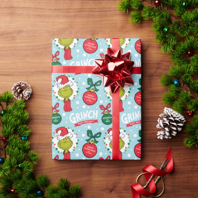 Papier Cadeau Nom de la Personnaliser - Grinch avec ornements (Cadeau de vacances)