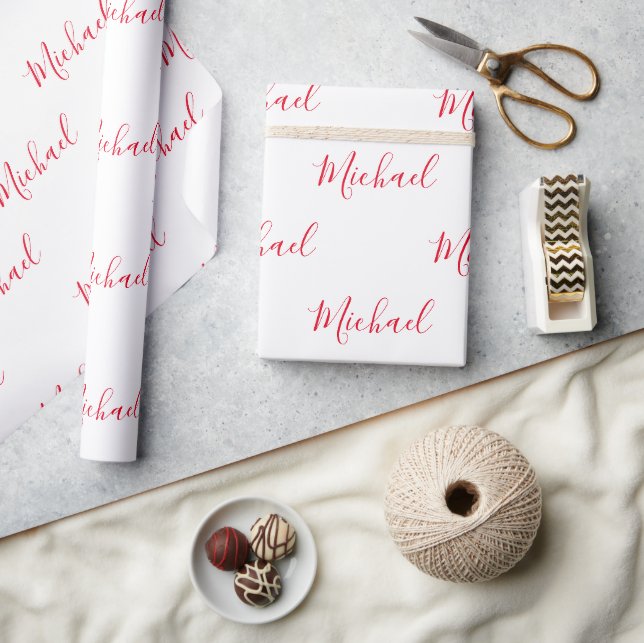 Papier Cadeau Nom de script élégant personnalisé rouge (Artisanat)