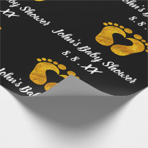 Papier Cadeau Nom du baby shower Date Coeur pieds Noir Blanc Or