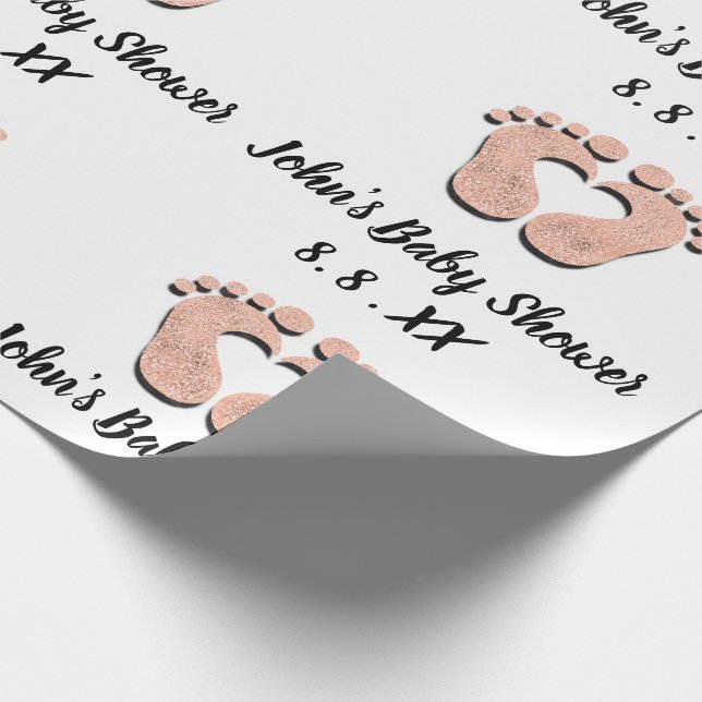 Papier Cadeau Nom du baby shower Date Coeur pieds Noir Blanc Ros (Coin)